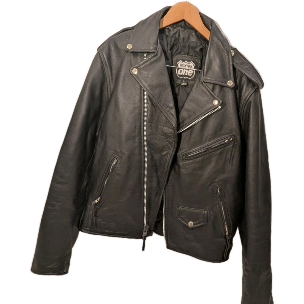 Highway One Leather Motorcycle‎ Jacket Mens L Moto YKK Belt Removed